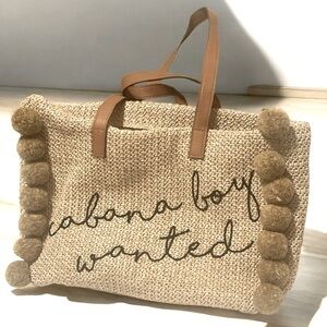 Woven Tote Bag CABANA BOY  WANTED” Black Embroidered Letters Pom Pom’s 14 x 11